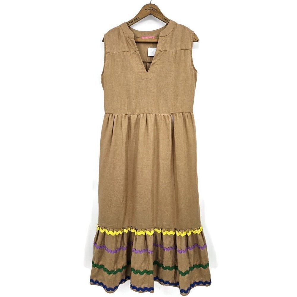 New Vilagallo Lenna Midi Linen Shift Dress Womens 38 V Neck Sleeveless